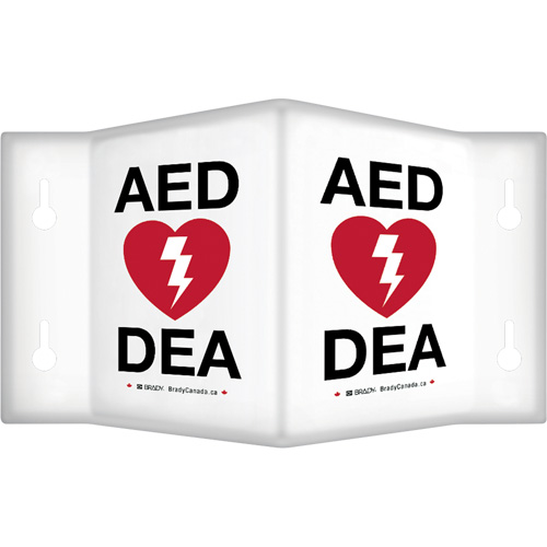 90° Projecting "AED/DEA" Sign, 6" x 5", Plastic, Bilingual with Pictogram Seaboard Timber Mart