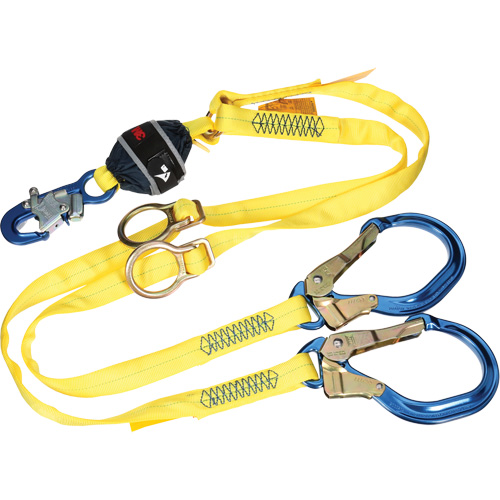 Twin-Leg Tie-Back Web Shock-Absorbing Lanyard, 6', Rebar Hook Center, Snap Hook Leg Ends, Polyester Seaboard Timber Mart