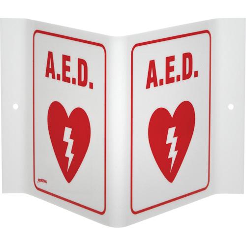 "A.E.D." V-Style Sign, 6" x 9", Acrylic, English with Pictogram Seaboard Timber Mart