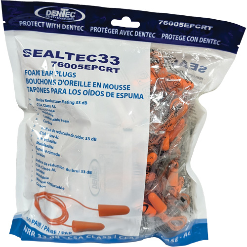 Bouchons d'oreilles coniques jetables en mousse de PU orange SEALTEC33, Vrac - Sac en poly, Avec cordon Seaboard Timber Mart