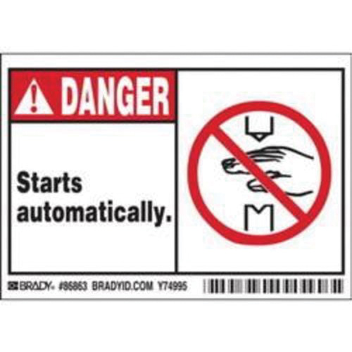 "Danger Starts Automatically" Sign, 3-1/2" x 5", Polyester, English with Pictogram Seaboard Timber Mart