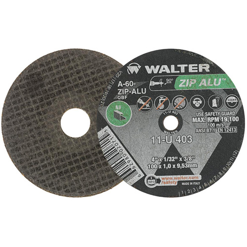 ZIP ALU Cutting Wheel, 4" x 1/32", 3/8" Arbor, Type 1, Aluminum Oxide, 19100 RPM Seaboard Timber Mart