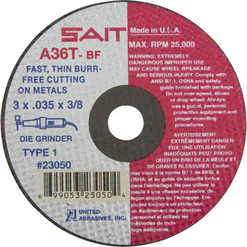 Cut-Off Wheel (A36T), 3" x 0.035", 3/8" Arbor, Type 27, Aluminum Oxide, 25000 RPM Seaboard Timber Mart
