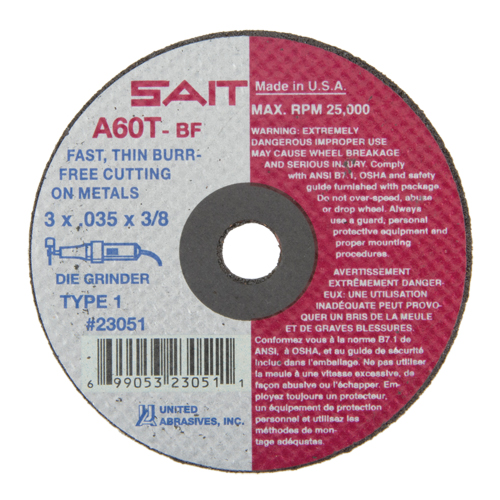 Cut-Off Wheel (A36T), 3" x 0.035", 3/8" Arbor, Type 1, Aluminum Oxide, 25000 RPM Seaboard Timber Mart
