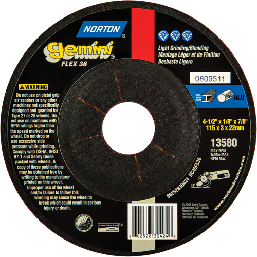 Gemini&reg; Flexible Mini Disc Depressed Centre Wheel, 4-1/2" x 1/8", 7/8" Arbor, Aluminum Oxide, Type 27 Seaboard Timber Mart