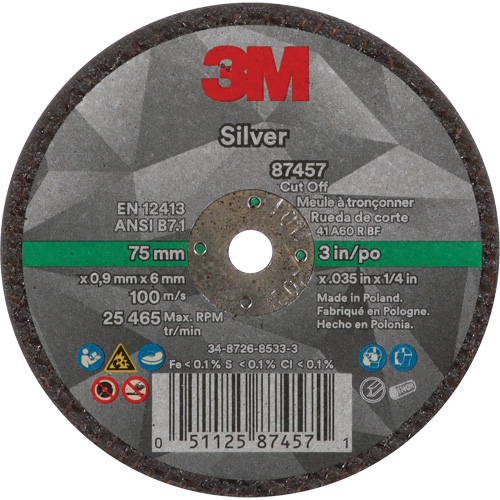 Silver Cut-Off Wheel, 3" x 0.04", 1/4"-28 Arbor, Type 1, Ceramic, 25645 RPM Seaboard Timber Mart