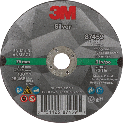 Silver Cut-Off Wheel, 3" x 0.06", 3/8"-24 Arbor, Type 1, Ceramic, 25645 RPM Seaboard Timber Mart
