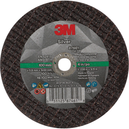 Silver Cut-Off Wheel, 4" x 0.04", 3/8"-24 Arbor, Type 1, Ceramic, 19100 RPM Seaboard Timber Mart