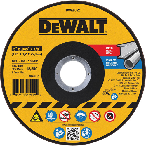 Metal Cut-Off Wheel, 5" x 0.045", 7/8" Arbor, Aluminum Oxide, Type 1 Seaboard Timber Mart