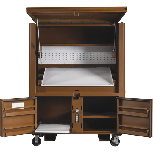 Coffre de chantier et surface de travail sur le terrain, 33" la x 63" p x 80" h, Acier, Rouge Seaboard Timber Mart