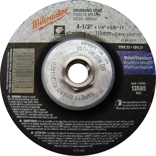 Meule, 4-1/2" x 1/4", Arbre 5/8"-11, Oxyde d'aluminium, Type 27 Seaboard Timber Mart