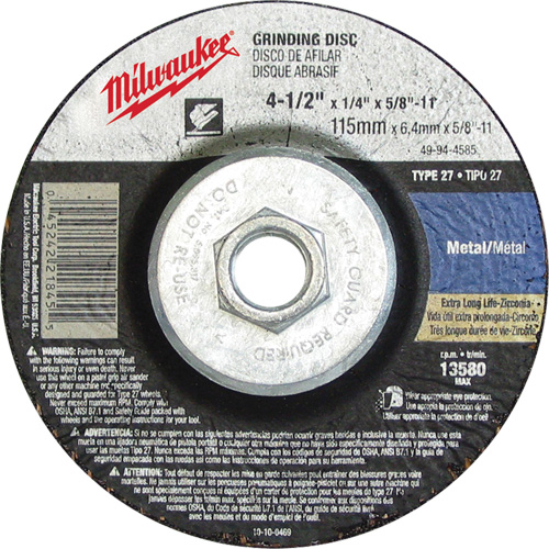 Meule, 4-1/2" x 1/8", Arbre 5/8"-11, Oxyde d'aluminium, Type 27 Seaboard Timber Mart