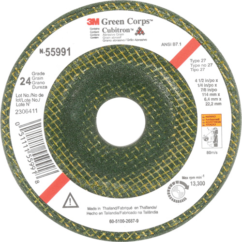 Green Corps Depressed Centre Wheel, 4-1/2" x 1/4", 7/8" Arbor, Ceramic, Type 27 Seaboard Timber Mart