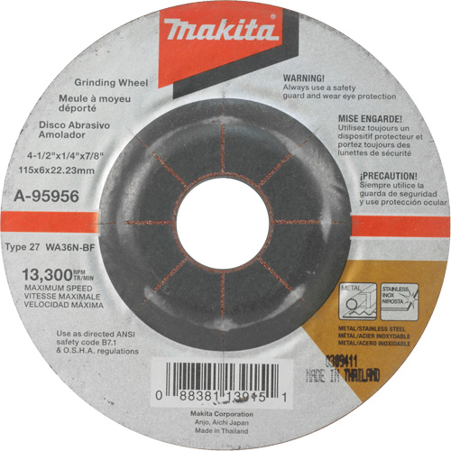 INOX Grinding Wheel, 4-1/2" x 1/4", 7/8" Arbor, Aluminum Oxide, Type 27 Seaboard Timber Mart