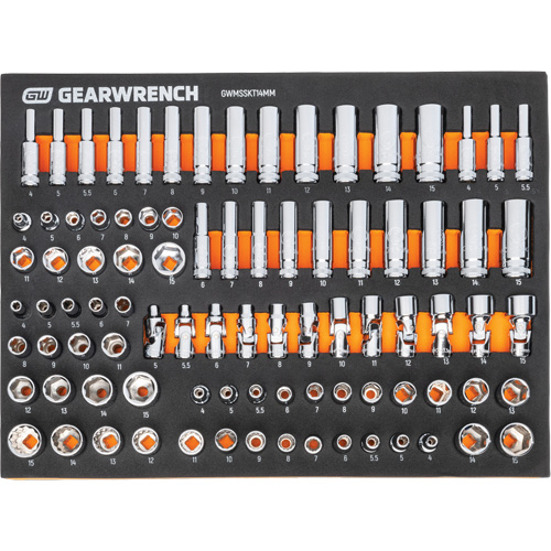 Jeu d'outils m&eacute;triques pour m&eacute;canicien MEGAMOD dans des plateaux en mousse modulaire avec armoire roulante &agrave; outils, 358 morcea Seaboard Timber Mart