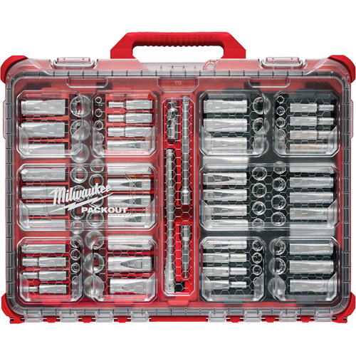 Jeu de cliquets et douilles m&eacute;triques/SAE avec organisateur PACKOUT &agrave; profil bas, 98 Mcx, Prise de 3/8" Seaboard Timber Mart