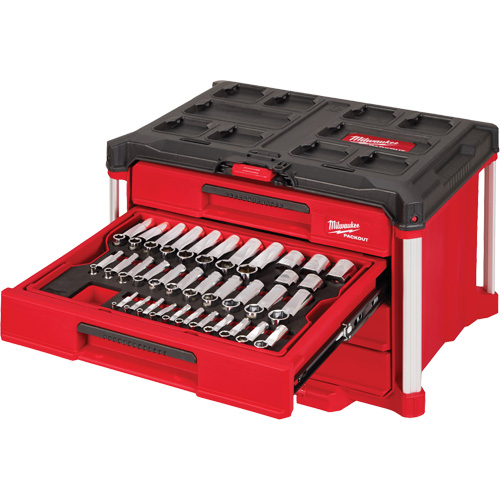 Ensemble de 242 pi&egrave;ces de douilles et cliquets m&eacute;triques et SAE 1/4", 3/8" et 1/2" avec boîte &agrave; outils PACKOUT &agrave; 4 tiroirs, 16-3/10" x 22-1/5" x 14-3/10", Noir/Rouge Seaboard Timber Mart