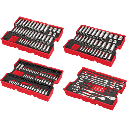 Jeu de cliquets et douilles m&eacute;triques et SAE avec organisateur PACKOUT &agrave; profil bas, 242 Mcx, Chocs, Prise de 1/4"/3/8"/1/2", Profond Seaboard Timber Mart
