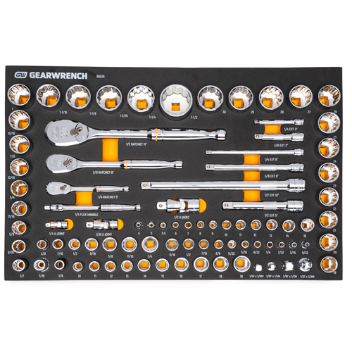 Jeu d'outils SAE/m&eacute;triques pour m&eacute;canicien &agrave; 90 dents 1/4", 3/8" & 1/2" avec plateau de rangement en mousse Seaboard Timber Mart