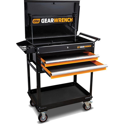 Chariot utilitaire, 2 tiroirs, 32-1/2" la x 42" h, Noir/Orange Seaboard Timber Mart