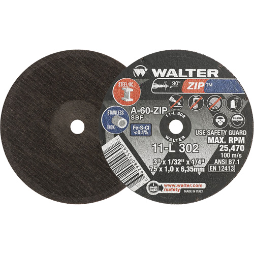 Meule &agrave; tronçonner Zip, 3" x 1/32", Arbre de 1/4", Type 1, Oxyde d'aluminium, 25470 Tr/min Seaboard Timber Mart