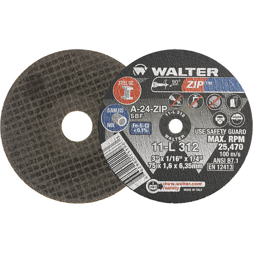 Zip Cut-Off Wheel, 3" x 1/16", 1/4" Arbor, Type 1, Aluminum Oxide, 25470 RPM Seaboard Timber Mart