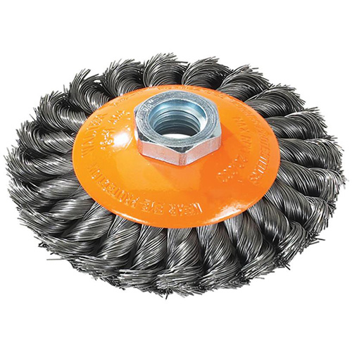 Knot-Twisted Saucer Cup Wire Wheel, 7" Dia., 0.02" Fill, 5/8"-11 Arbor, Steel Seaboard Timber Mart