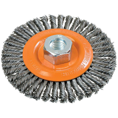 Brosse &agrave; fils nou&eacute;s pour cordons de soudure, Dia. 4-1/2", Fils 0,02", Arbre 5/8"-11, Acier Seaboard Timber Mart