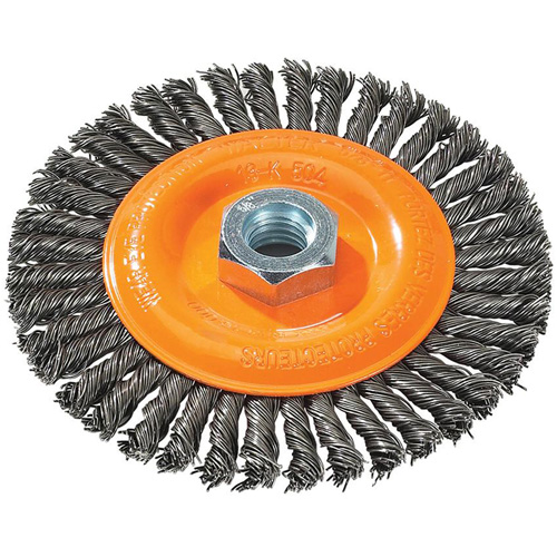 Brosse &agrave; fils nou&eacute;s pour cordons de soudure, Dia. 5", Fils 0,02", Arbre 5/8"-11, Acier Seaboard Timber Mart
