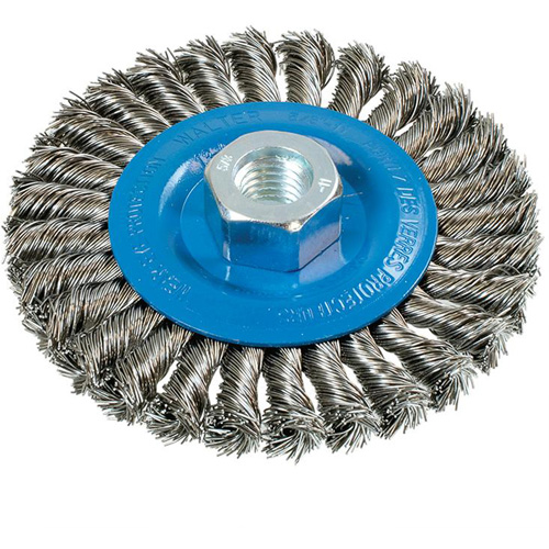 Wide Knotted Wire Wheel Brush, 4-1/2" Dia., 0.02" Fill, 5/8"-11 Arbor, Aluminum/Stainless Steel Seaboard Timber Mart