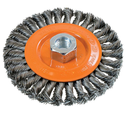 Wide Knotted Wire Wheel Brush, 5" Dia., 0.02" Fill, 5/8"-11 Arbor, Steel Seaboard Timber Mart