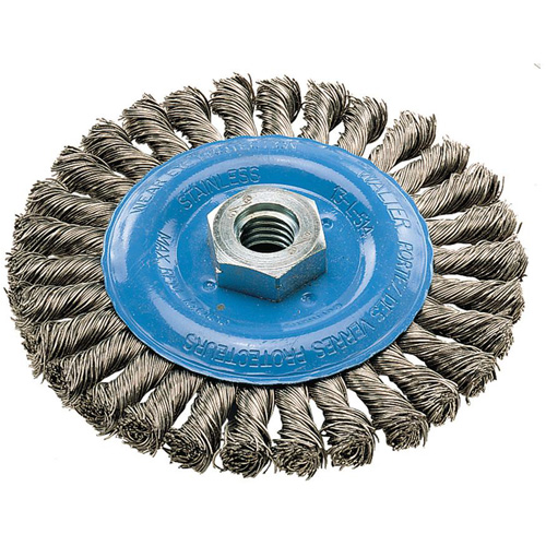 Wide Knotted Wire Wheel Brush, 5" Dia., 0.02" Fill, 5/8"-11 Arbor, Aluminum/Stainless Steel Seaboard Timber Mart
