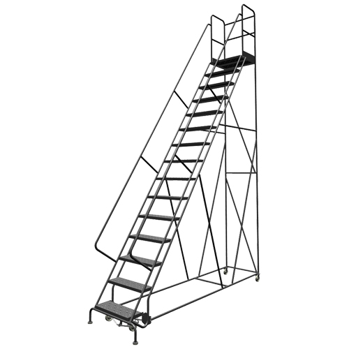 Escabeaux roulants &agrave; dessus profond, 15 marches, Largeur de la marche 24", Hauteur de la plateforme 150", Acier Seaboard Timber Mart