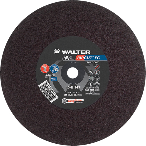 Ripcut Stainless Steel & Steel Cut-Off Wheel for Stationary Saws, 14" x 1/8", 1" Arbor, Type 1, Aluminum Oxide, 4400 RPM Seaboard Timber Mart