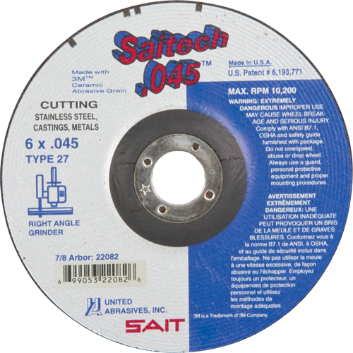 Cut-Off Wheel, 6" x 0.045", 7/8" Arbor, Type 27, Aluminum Oxide/Ceramic, 10200 RPM Seaboard Timber Mart