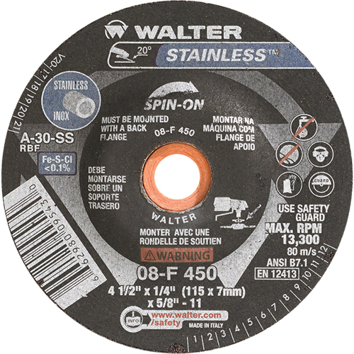 Depressed Centre Grinding Wheels - Stainless Type 27, 4-1/2" x 1/4", 5/8"-11 Arbor, Type 27S Seaboard Timber Mart