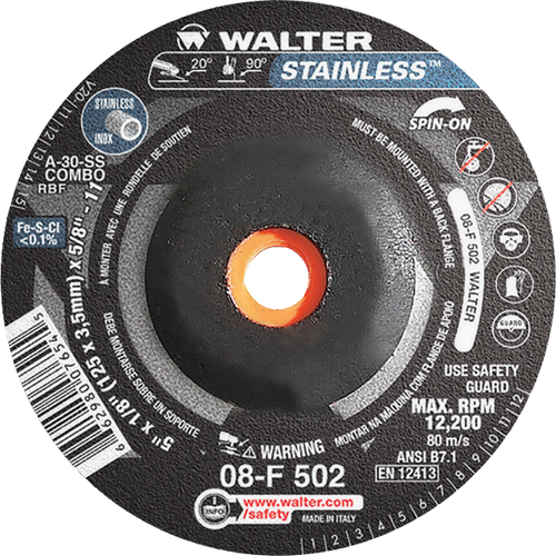Depressed Centre Grinding Wheels - Stainless Type 27, 5" x 1/8", 5/8"-11 Arbor, Type 27S Seaboard Timber Mart