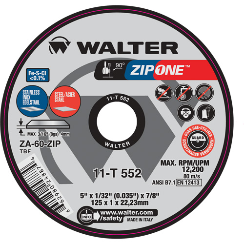 Zip One Cut-Off Wheel, 5" x 1/32", 7/8" Arbor, Type 1, Zirconia Alumina, 12200 RPM Seaboard Timber Mart