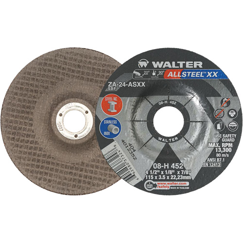Depressed Centre Grinding Wheels - Allsteel XX, 4-1/2" x 1/8", 7/8" Arbor, Type 27, Zirconia Alumina, 13300 RPM Seaboard Timber Mart