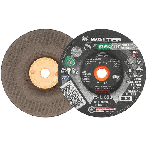 FLEXCUT MILL SCALE Grinding Wheel, 5", 36 Grit, Aluminum Oxide, 5/8"-11, 12200 RPM, Type 29 Seaboard Timber Mart