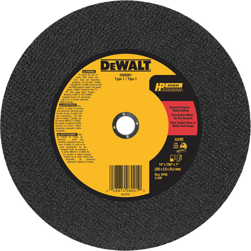 General Purpose Metal Cutting Chop Saw Wheel, 14" x 7/64", 1" Arbor, Type 1, Aluminum Oxide, 4300 RPM Seaboard Timber Mart