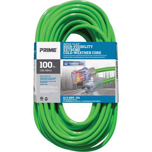 Neon Flex&reg; High Visibility Extension Cord, Outdoor, SJTW, 12/3 AWG, 15 A, 100' Seaboard Timber Mart