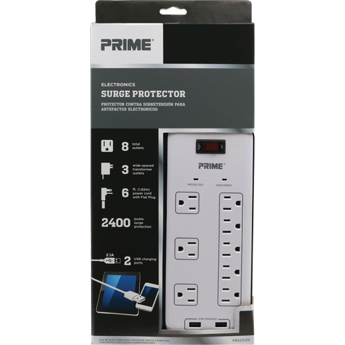 Limiteurs de surtension avec chargeur USB, 8 Prises, 2400 J, 1875 W, Cordon 6' Seaboard Timber Mart