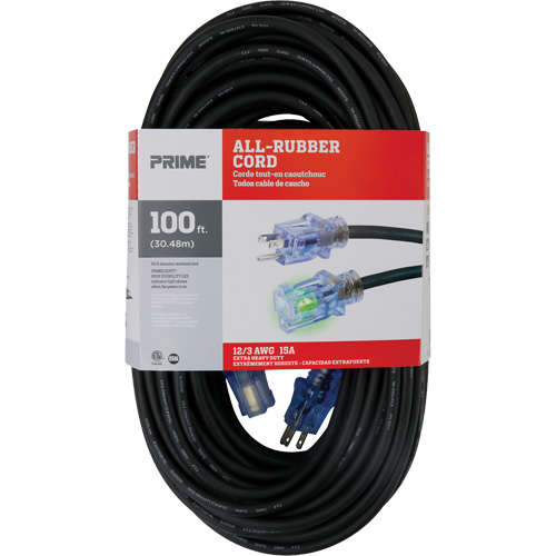 All-Rubber Extension Cord, Outdoor, SJOOW, 12/3 AWG, 15 A, 100' Seaboard Timber Mart