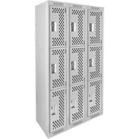 Clean Line Lockers, 3 -tier, Bank of 3, 36" x 18" x 72", Steel, Grey, Rivet (Assembled), Perforated Seaboard Timber Mart