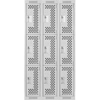 Clean Line Lockers, 3 -tier, Bank of 3, 36" x 18" x 72", Steel, Grey, Rivet (Assembled), Perforated Seaboard Timber Mart