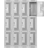 Clean Line Lockers, 3 -tier, Bank of 4, 48" x 18" x 72", Steel, Grey, Rivet (Assembled), Perforated Seaboard Timber Mart