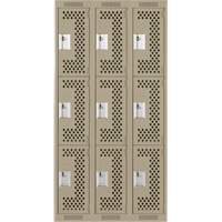 Clean Line Lockers, 3 -tier, Bank of 3, 36" x 18" x 72", Steel, Beige, Rivet (Assembled), Perforated Seaboard Timber Mart
