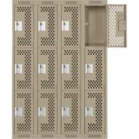 Clean Line Lockers, 3 -tier, Bank of 4, 48" x 18" x 72", Steel, Beige, Rivet (Assembled), Perforated Seaboard Timber Mart