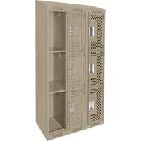 Clean Line Lockers, 3 -tier, Bank of 3, 36" x 18" x 78", Steel, Beige, Rivet (Assembled), Perforated Seaboard Timber Mart